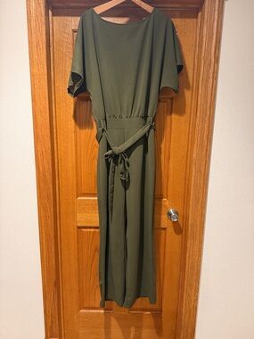 Olive Green Belted Wide-Leg Jumpsuit
